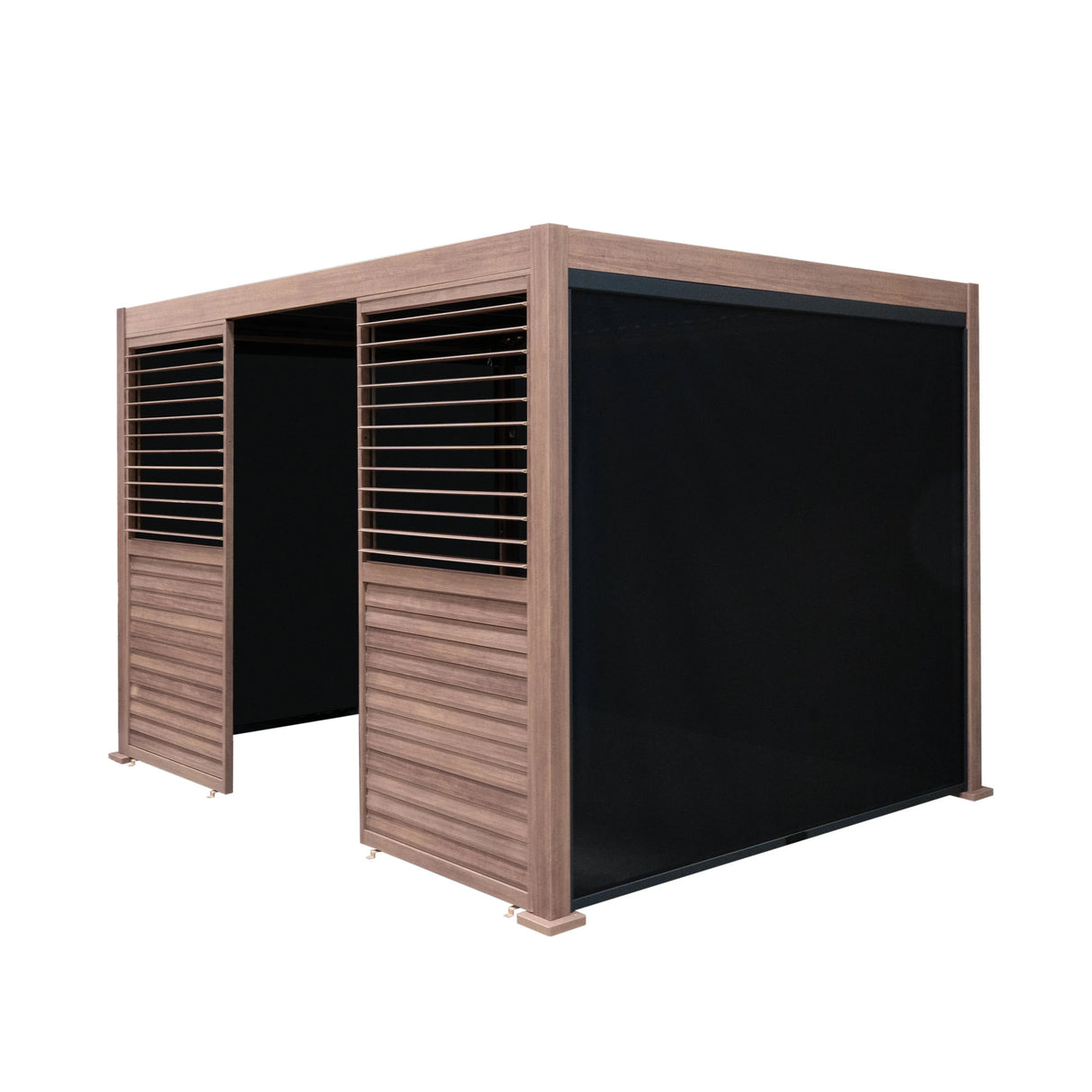 Wood Effect Aluminium Pergola With Blinds & 2 Louvre Panels - 3m x 3m