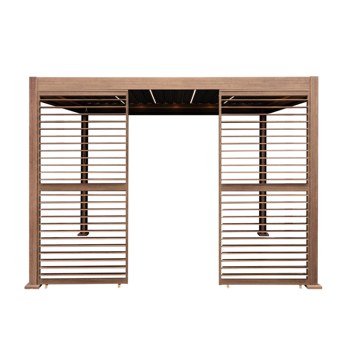 Wood Effect Aluminium Pergola With Blinds, 2 x Side Panels & LED Lights - 3m x 3m