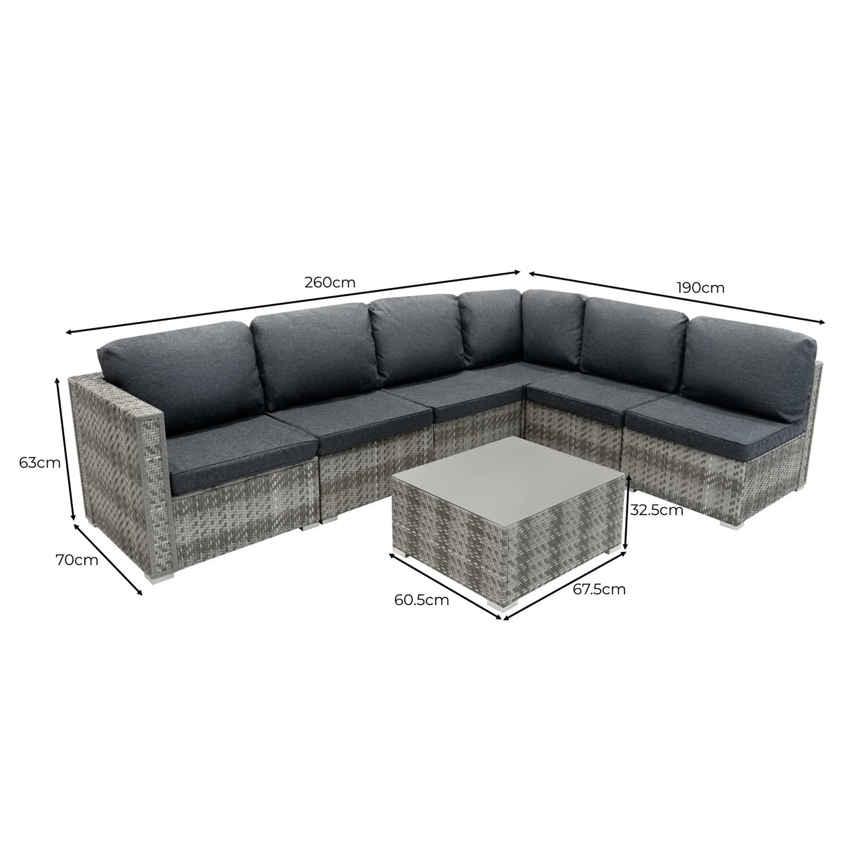 Rattan Modular 7 Piece Furniture Set & 700L Storage Box - Grey