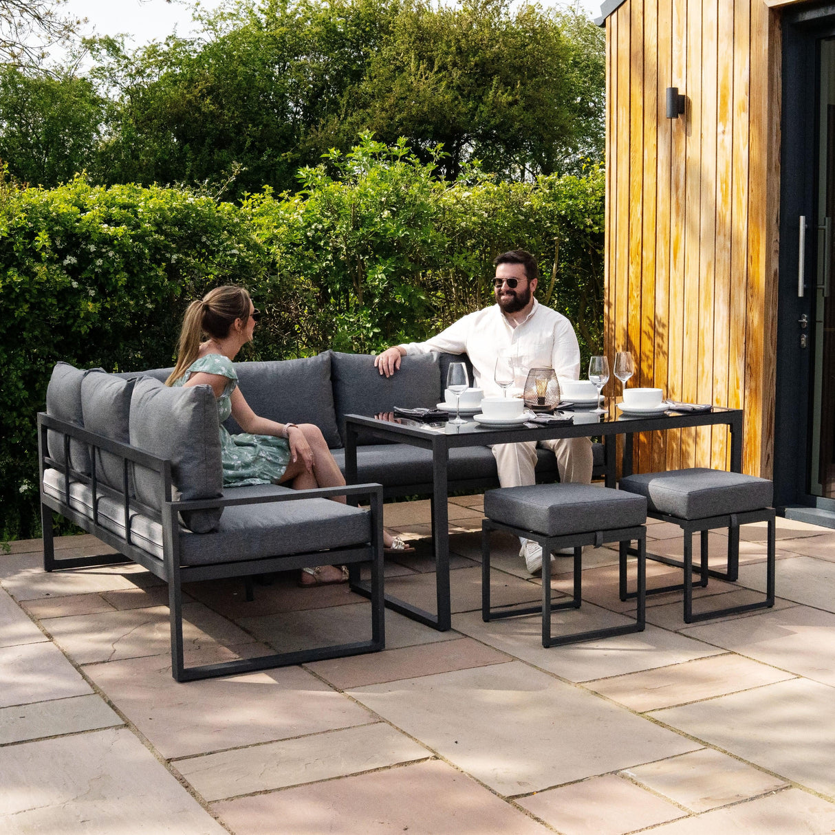 Aluminium Corner Sofa Set With Black Rattan Storage Box - Anthracite Grey