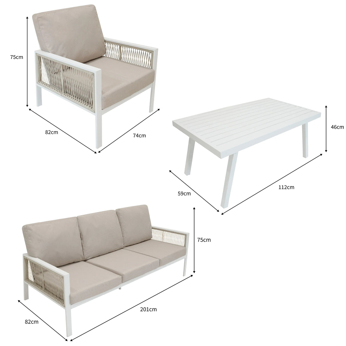 Aluminium 4 Piece Sofa Set with Black Rattan Storage Box - White