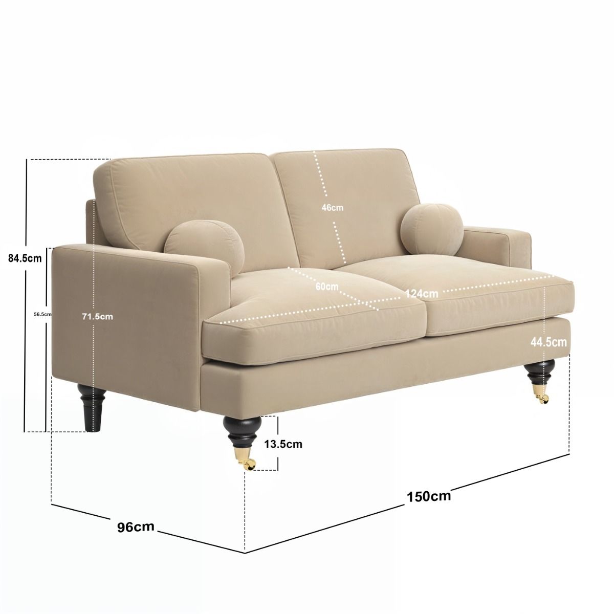 SOLACE+CO Addison 2 Seater Sofa with Caster Legs Beige Velvet