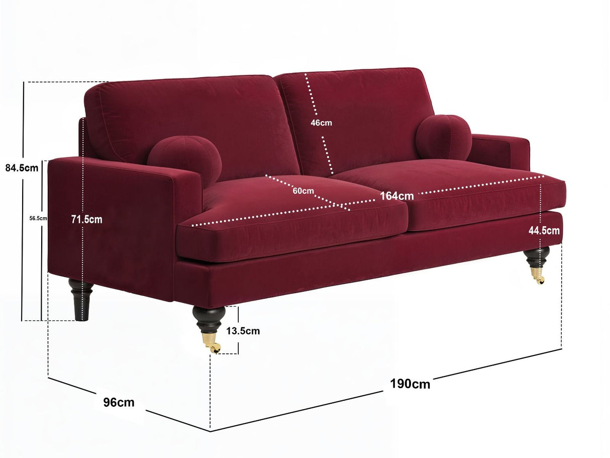 SOLACE+CO Addison 3 Seater Sofa with Caster Legs Burgundy Velvet