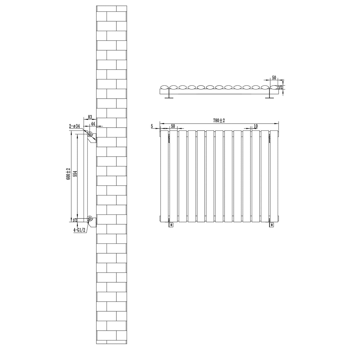 Oval Single Column Radiator & Valves – 600mm x 780mm – Anthracite Grey