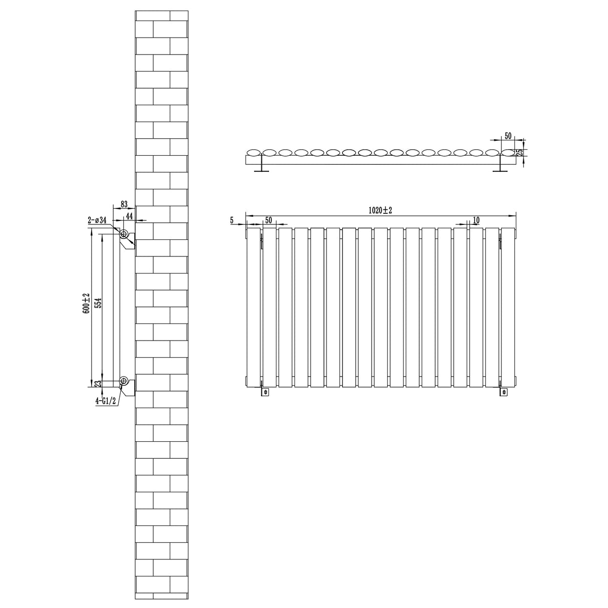Oval Single Column Radiator & Valves – 600mm x 1020mm – Black