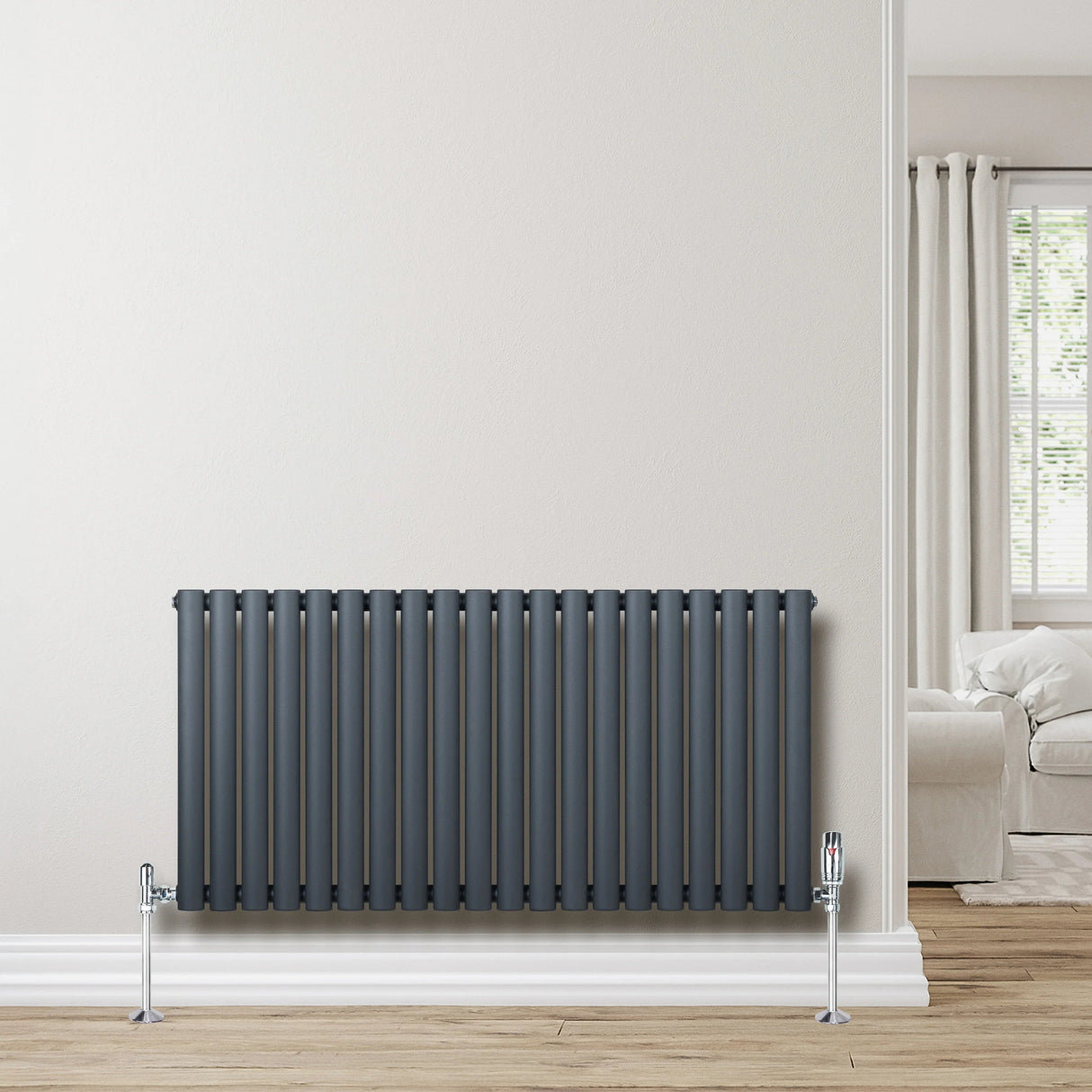 Oval Single Column Radiator & Valves – 600mm x 1200mm – Anthracite Grey