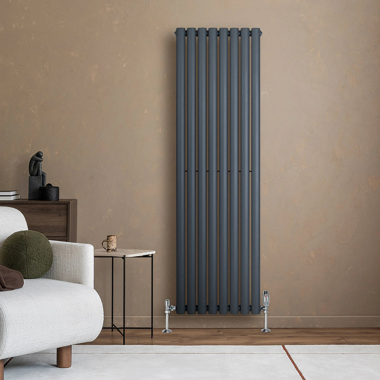 Oval Single Column Radiator & Valves – 1600mm x 480mm – Anthracite Grey