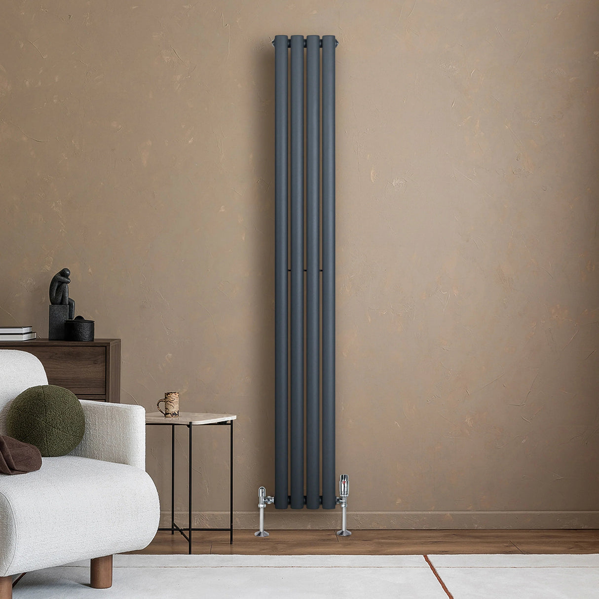 Oval Single Column Radiator & Valves – 1800mm x 240mm – Anthracite Grey