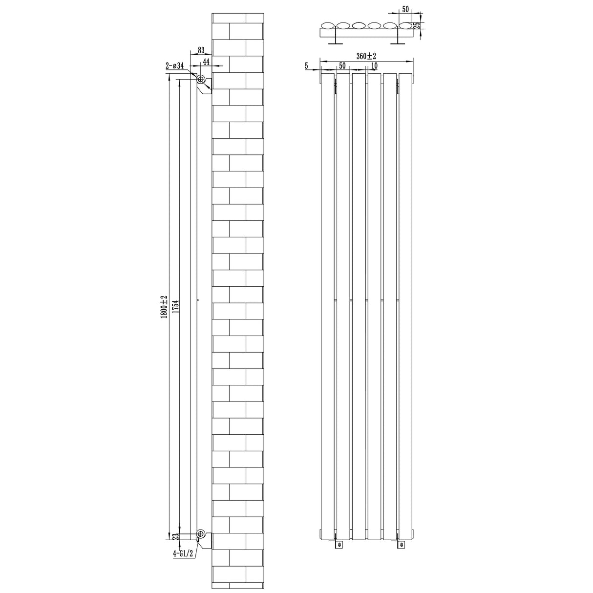 Oval Single Column Radiator & Valves – 1800mm x 360mm – Black