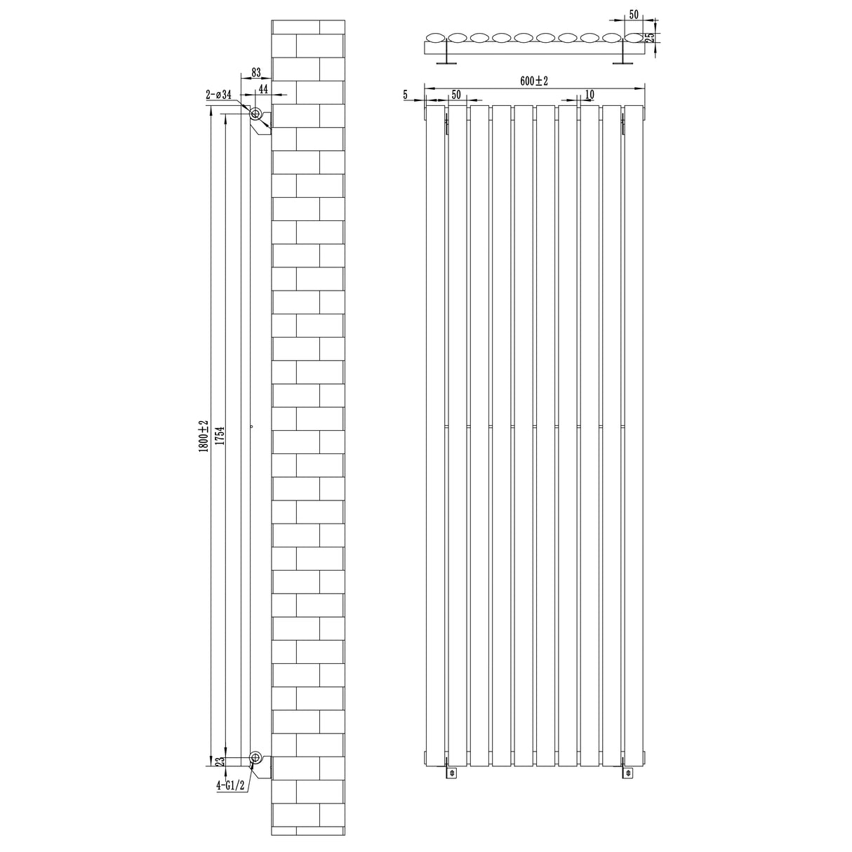 Oval Single Column Radiator & Valves – 1800mm x 600mm – Anthracite Grey
