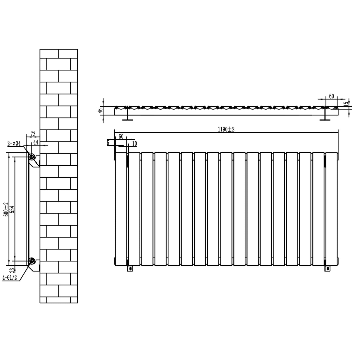 Flat Single Column Radiator & Valves – 600mm x 1190mm – Black