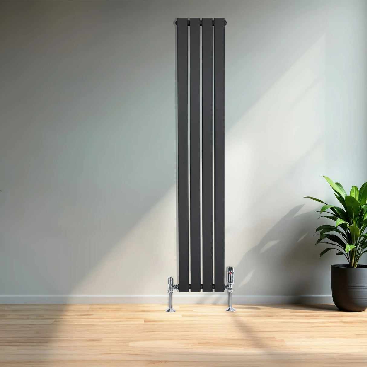 Flat Single Column Radiator & Valves – 1600mm x 280mm – Anthracite Grey
