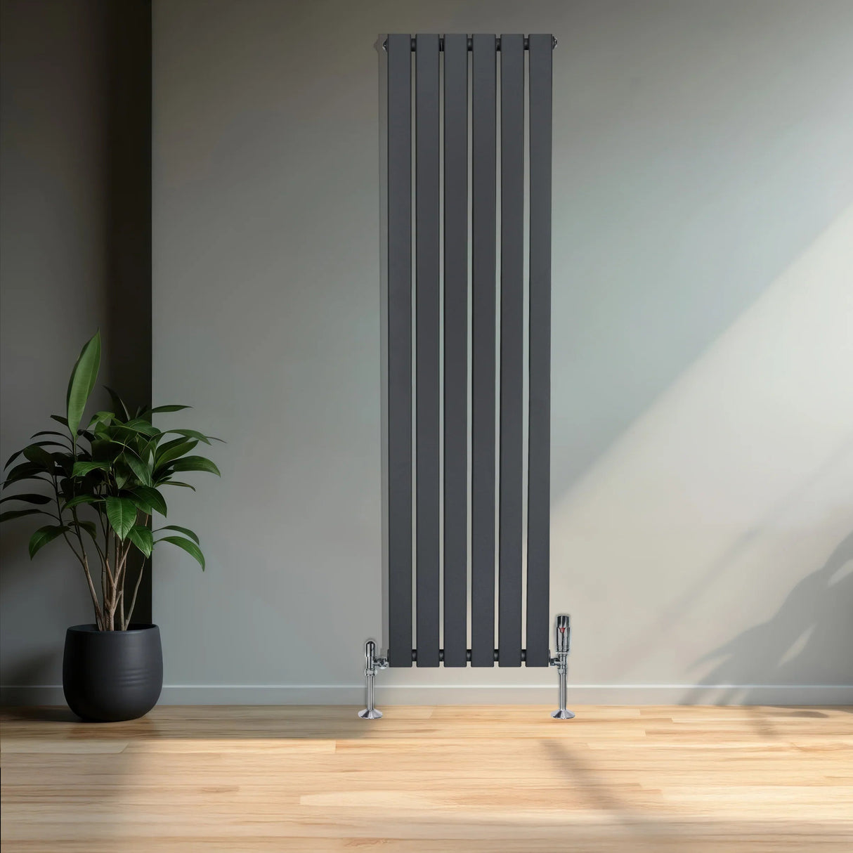 Flat Single Column Radiator & Valves – 1600mm x 420mm – Anthracite Grey