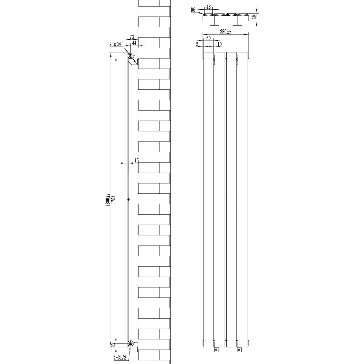 Flat Single Column Radiator & Valves – 1800mm x 280mm – Black