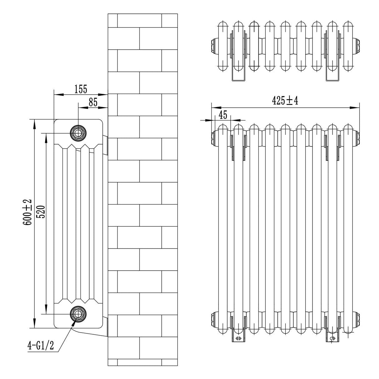 Traditional 4 Column Radiator & Valves - 600 x 425mm - White