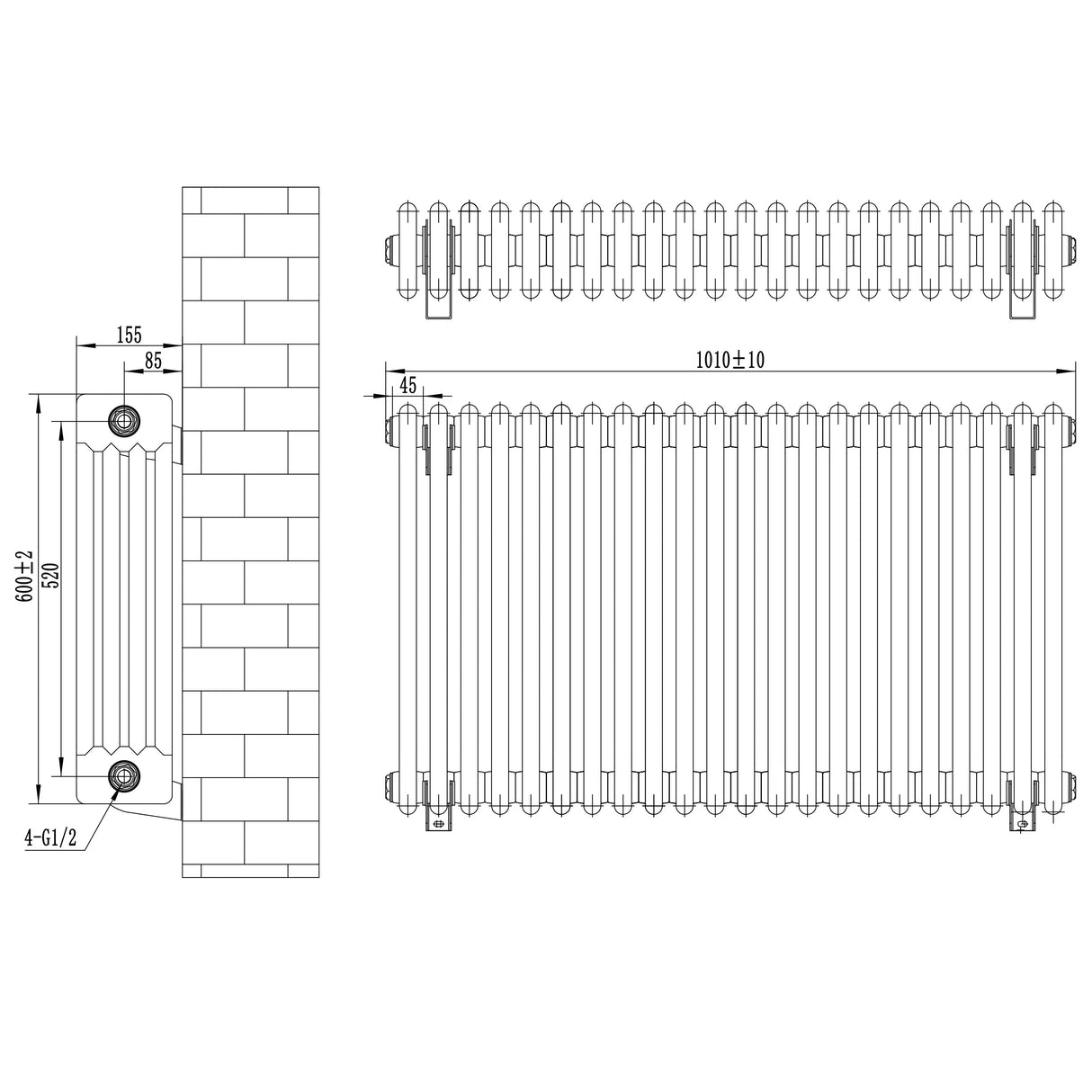 Traditional 4 Column Radiator & Valves - 600 x 1010mm - Anthracite Grey