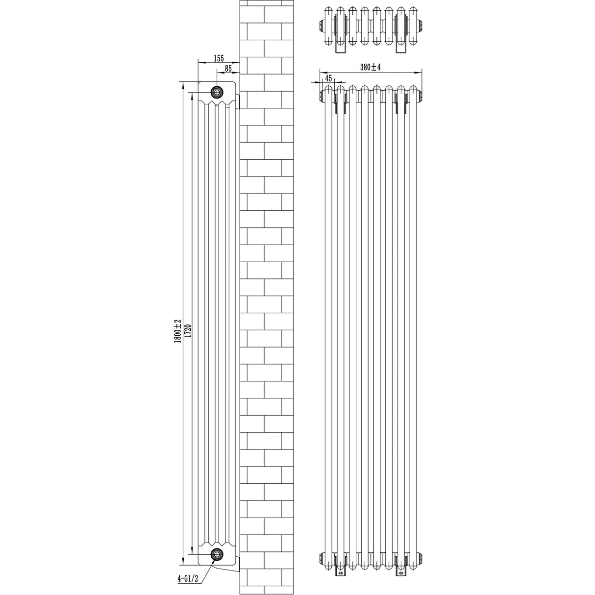 Traditional 4 Column Radiator & Valves - 1800 x 380mm - Black