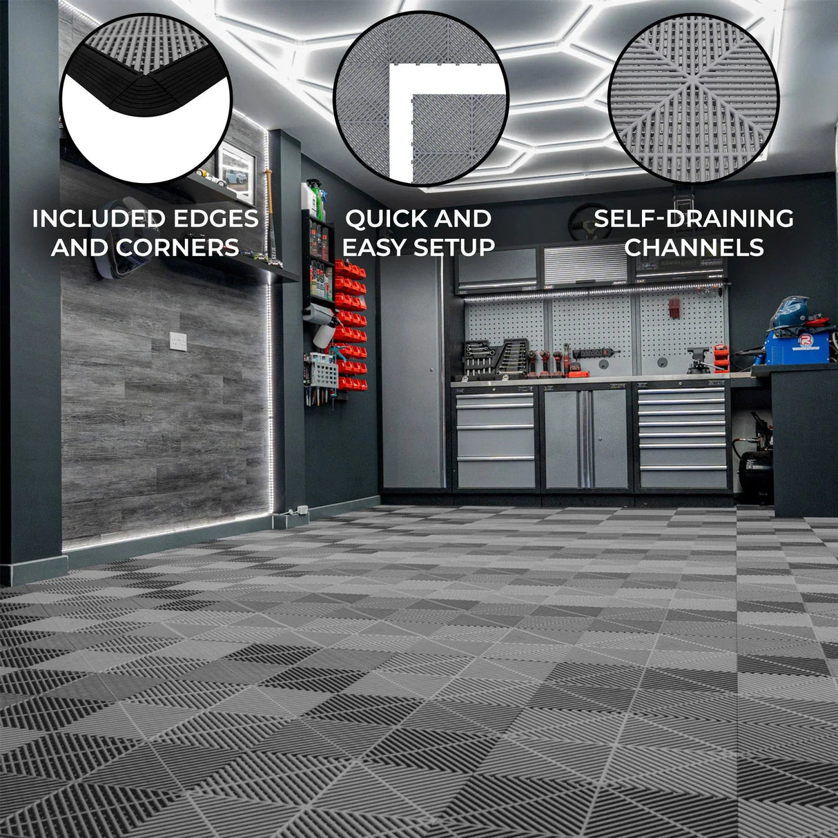 Vented Garage Floor Tiles x 225 With Edges - Grey