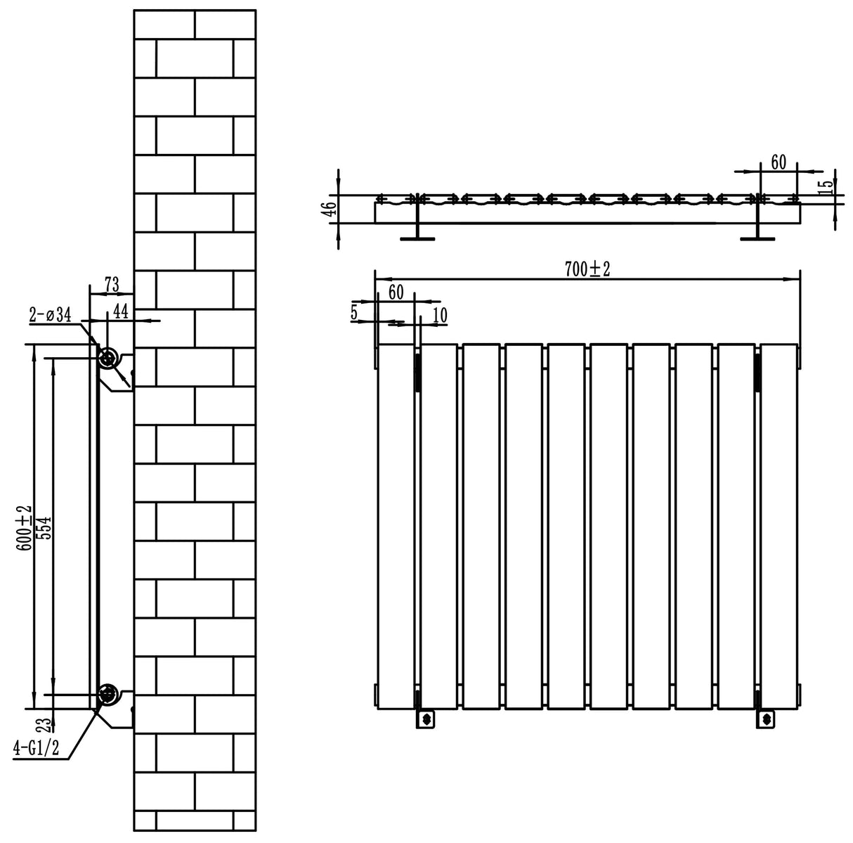 Flat Single Column Radiator - 600 x 700mm - White