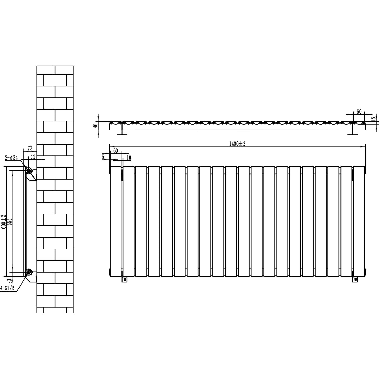 Flat Single Column Radiator - 600 x 1400mm - Black