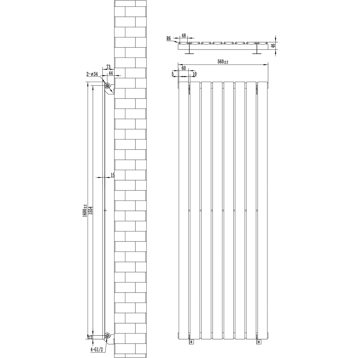 Flat Single Column Radiator - 1600 x 560mm - Black