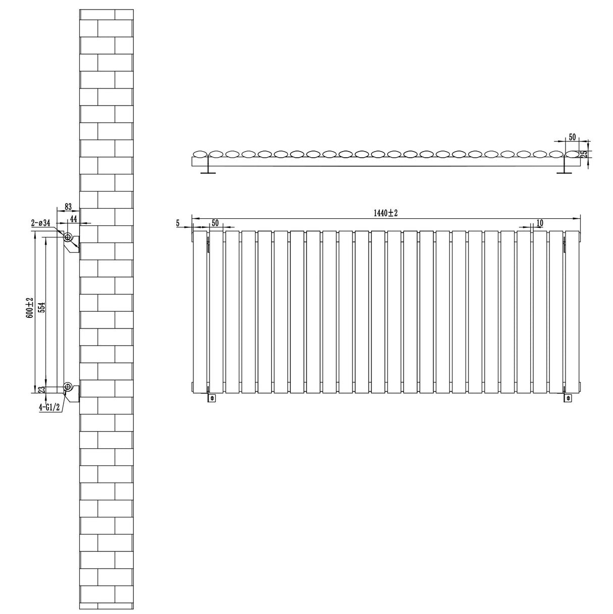 Oval Single Column Radiator - 600 x 1440mm - Black