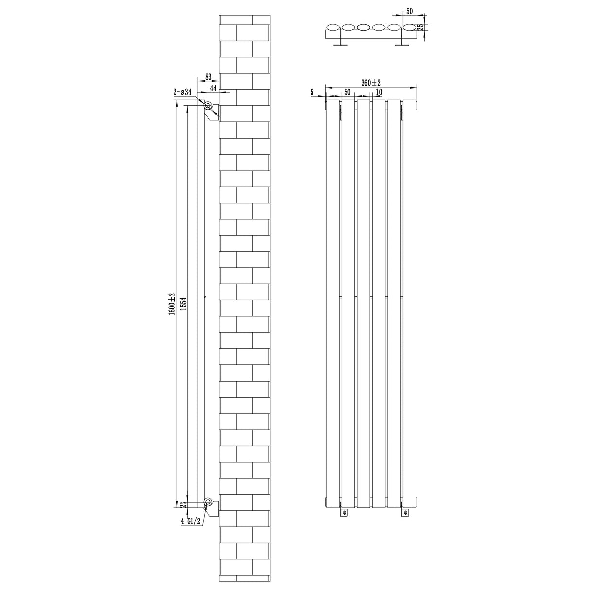 Oval Single Column Radiator - 1600 x 360mm - White