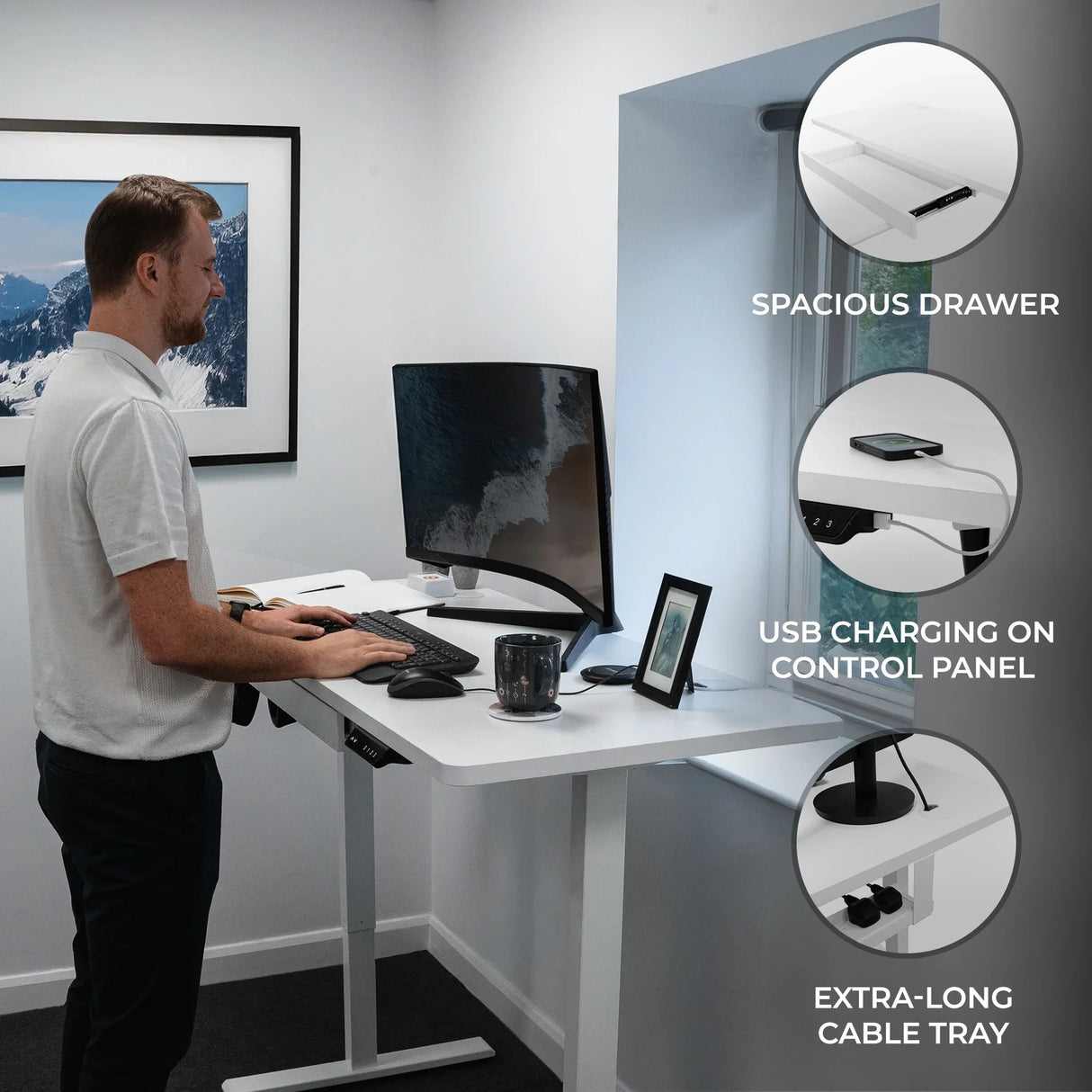 Electric Standing Desk With Drawer - 120cm x 60cm