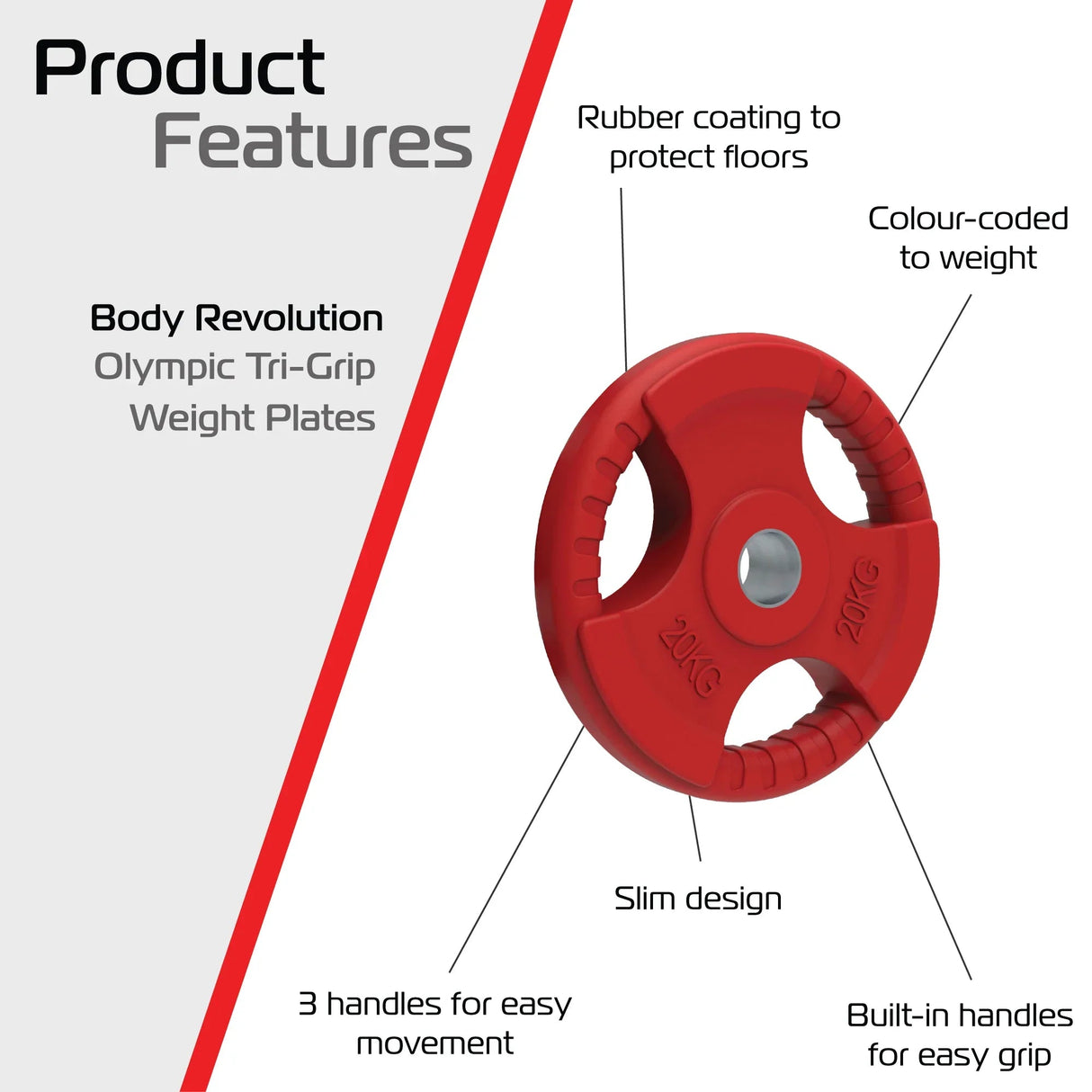 1 x 20kg Tri Grip Colour Rubber 2" Olympic Weight Plates