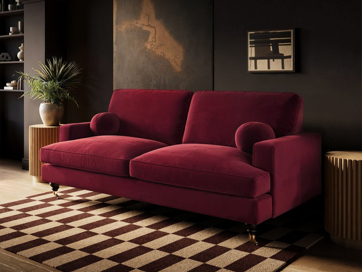 SOLACE+CO Addison 3 Seater Sofa with Caster Legs Burgundy Velvet