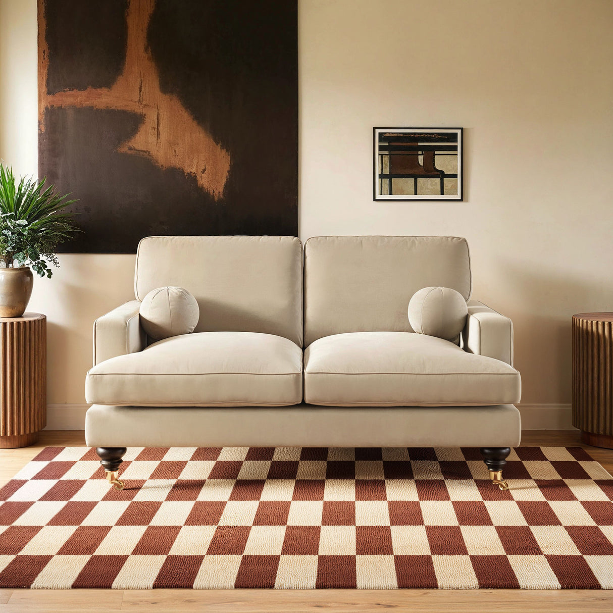 SOLACE+CO Addison 2 Seater Sofa with Caster Legs Beige Velvet