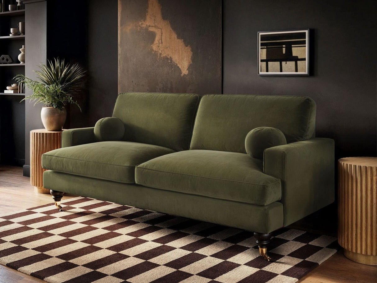 SOLACE+CO Addison 3 Seater Sofa with Caster Legs Khaki Green Velvet