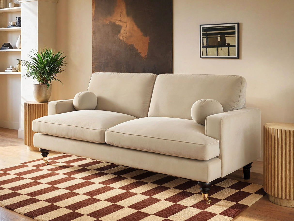 SOLACE+CO Addison 3 Seater Sofa with Caster Legs Beige Velvet