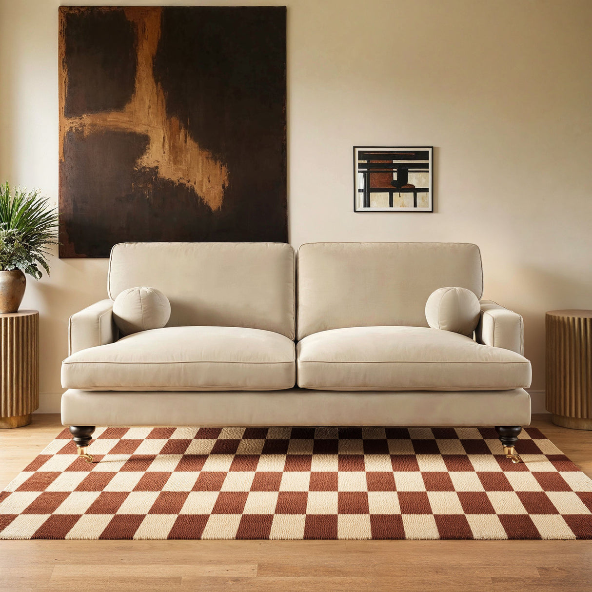 SOLACE+CO Addison 3 Seater Sofa with Caster Legs Beige Velvet