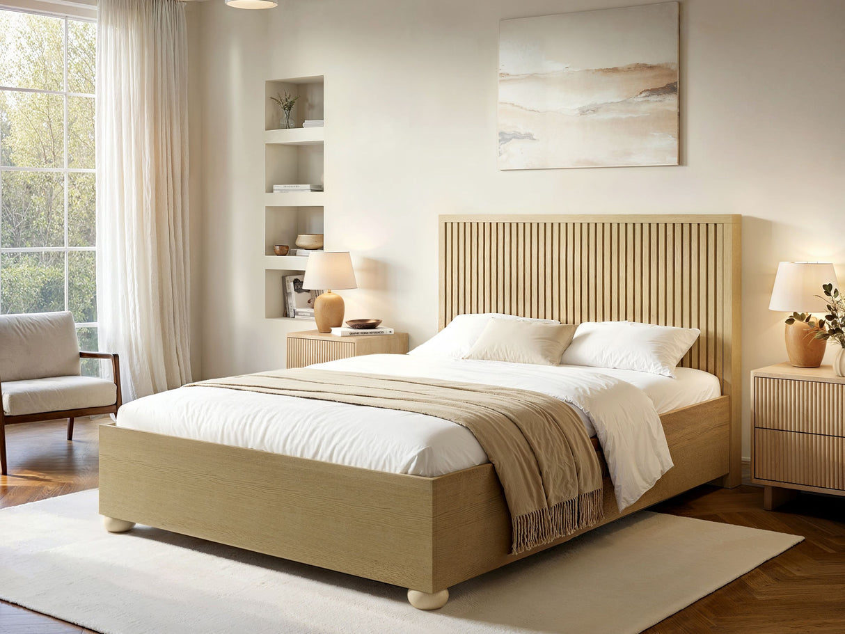 SOLACE+CO Theo Ribbed Ottoman Bed Light Wood-Kingsize