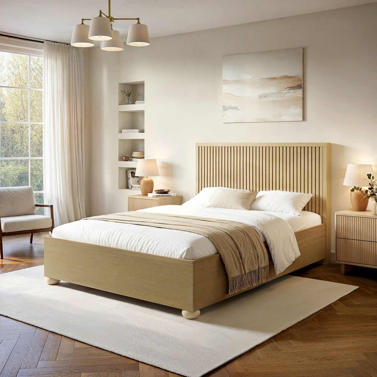 SOLACE+CO Theo Ribbed Ottoman Bed Light Wood-Double