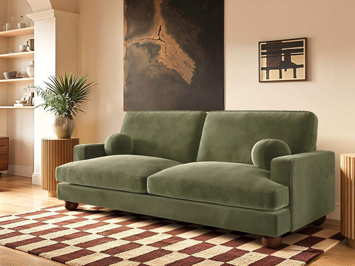 SOLACE+CO Addison 3 Seater Sofa with Caster Legs Khaki Green Velvet