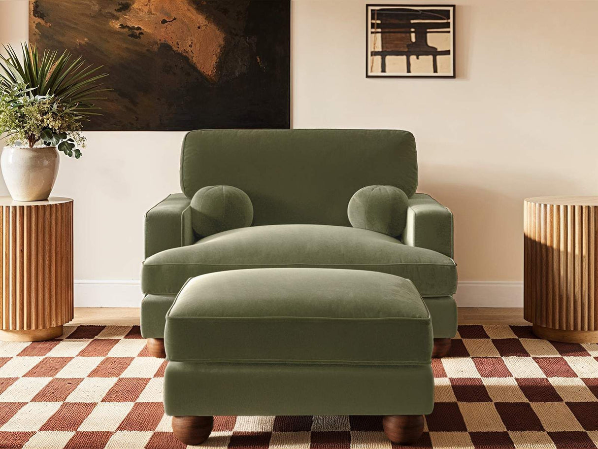 SOLACE+CO Addison Footstool Khaki Green Velvet