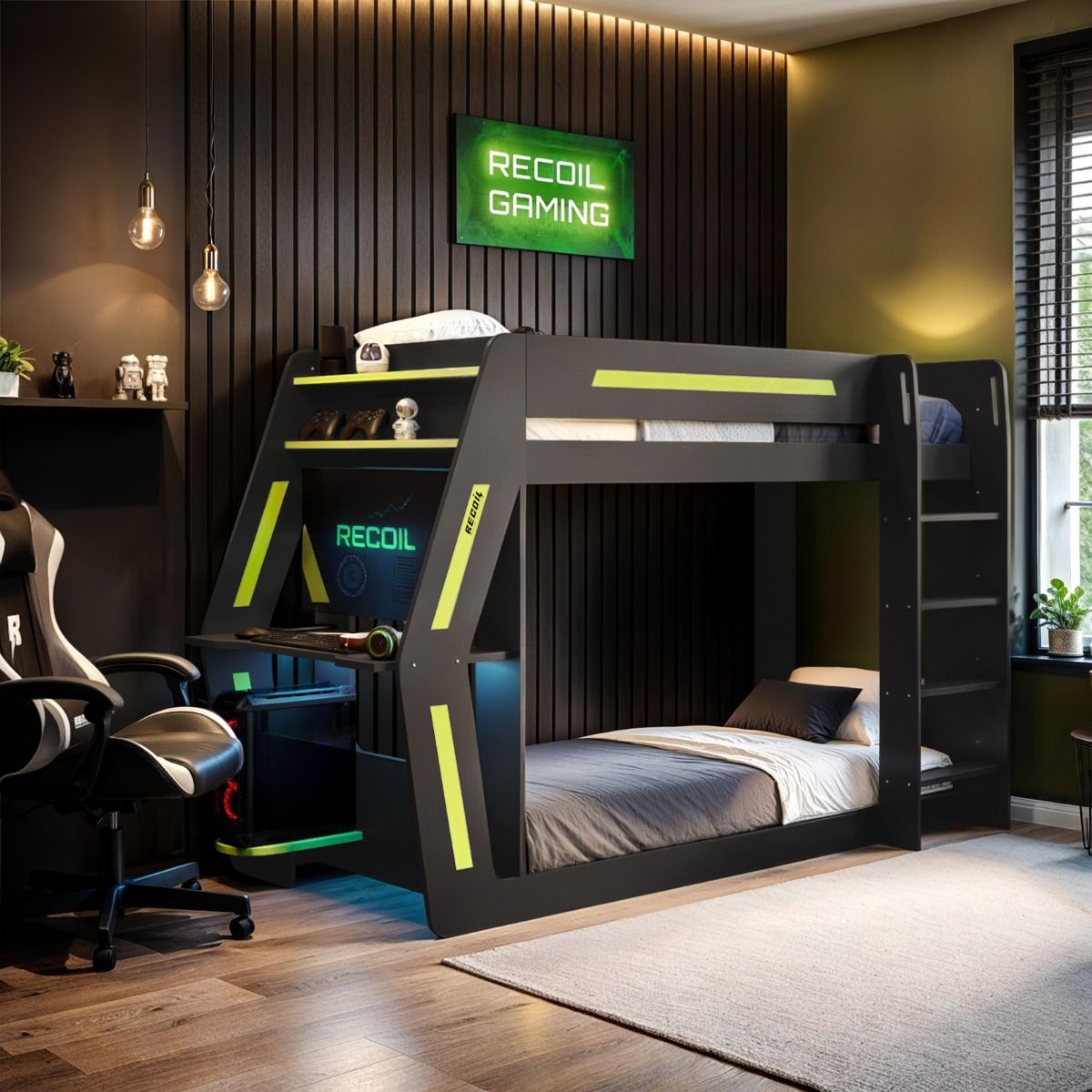 Recoil Alister Gaming Bunk Bed with Desk Charcoal & Green