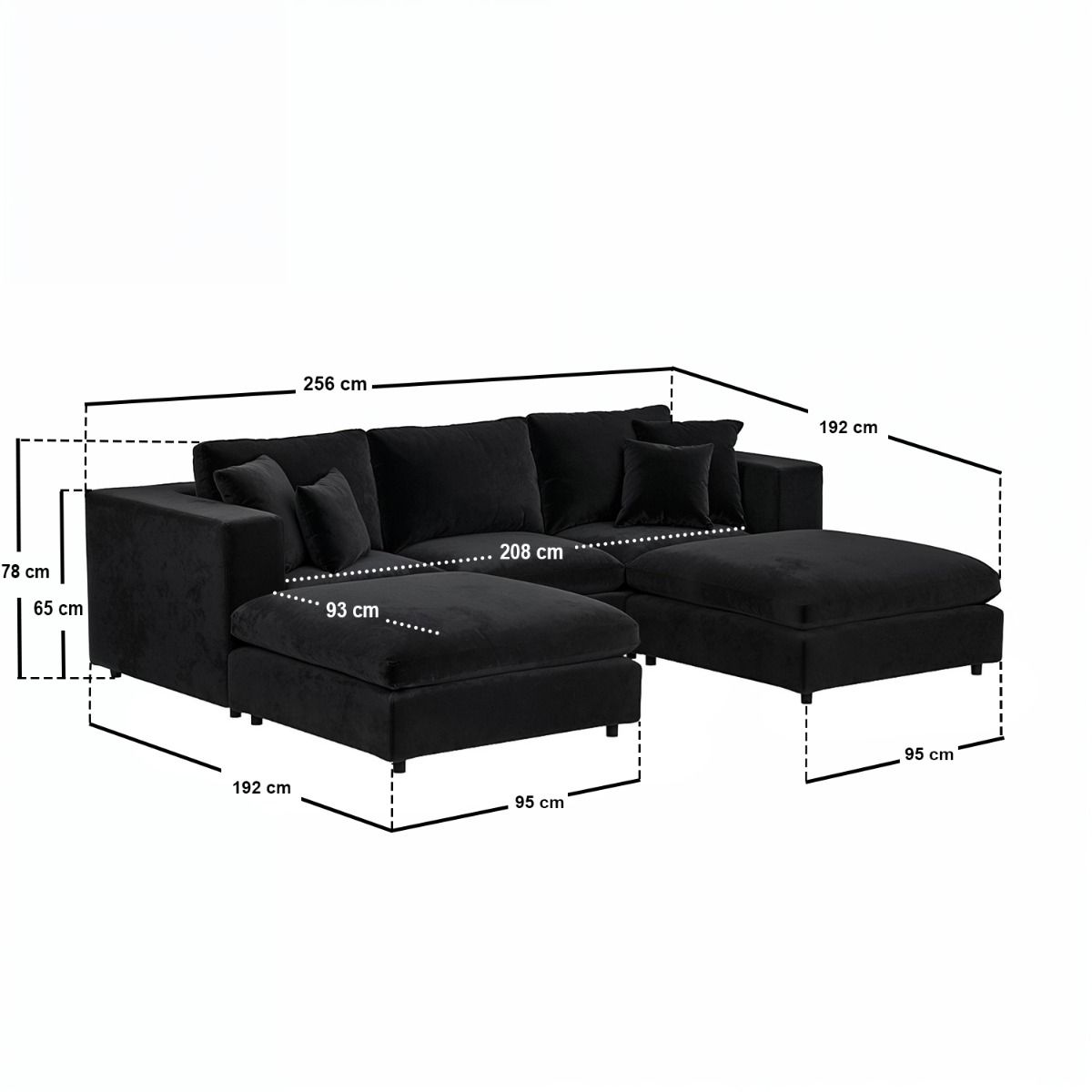 SOLACE+CO Asher U Shape Corner Sofa Bundle Black Velvet