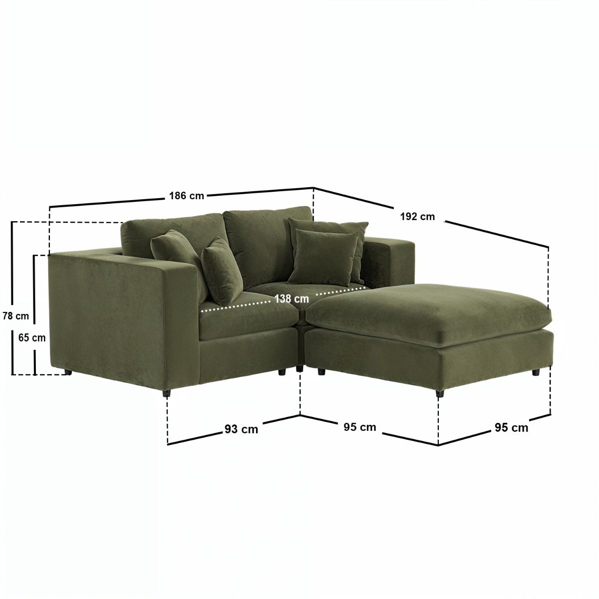 SOLACE+CO Asher 3 Seater Sofa with Reversible Footstool Khaki Green Velvet