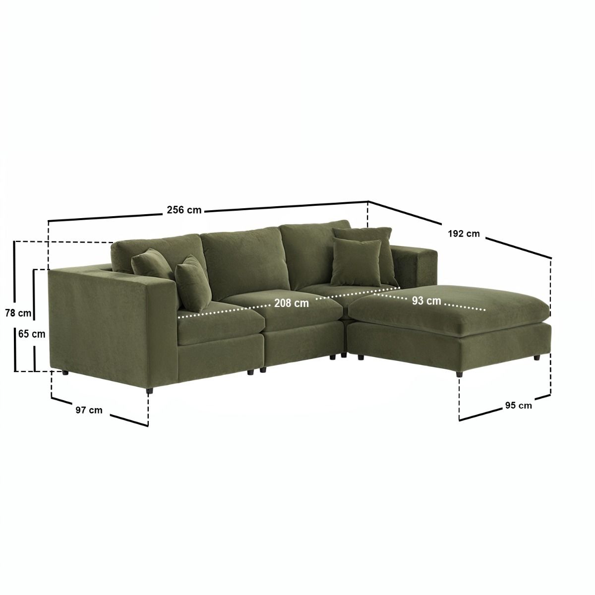 SOLACE+CO Asher 4 Seater Sofa with Reversible Footstool Khaki Green Velvet