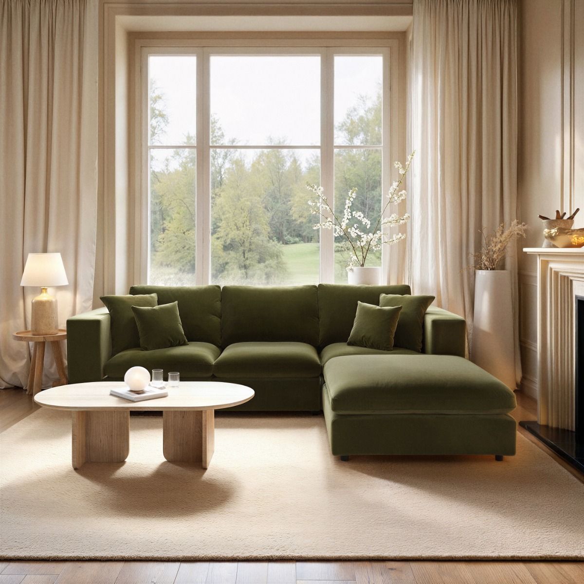 SOLACE+CO Asher 4 Seater Sofa with Reversible Footstool Khaki Green Velvet