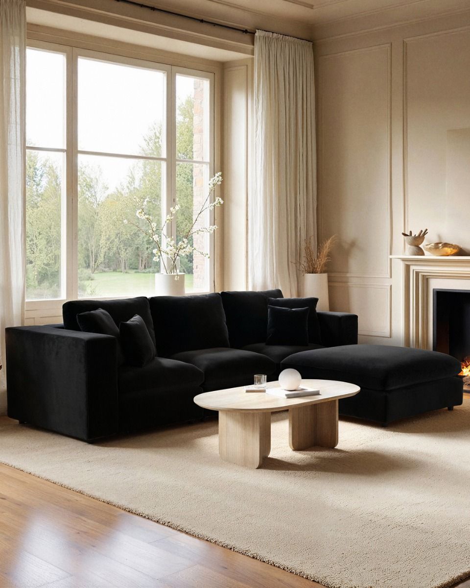 SOLACE+CO Asher 3 Seater Sofa with Reversible Footstool Black Velvet