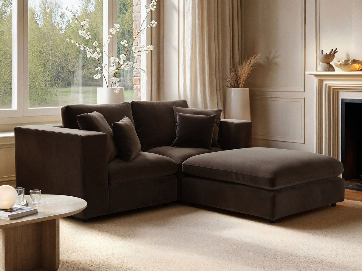 SOLACE+CO Asher 3 Seater Sofa with Reversible Footstool Mocha Velvet