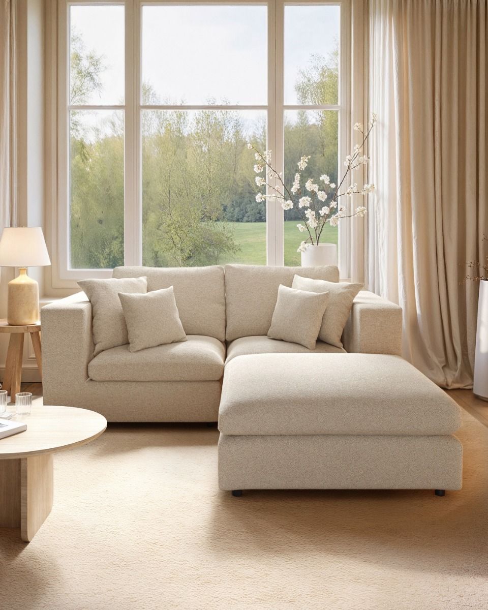 SOLACE+CO Asher 3 Seater Sofa with Reversible Footstool Beige Boucle
