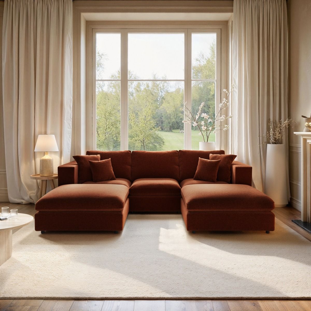 SOLACE+CO Asher U Shape Corner Sofa Bundle Burnt Orange Chenille