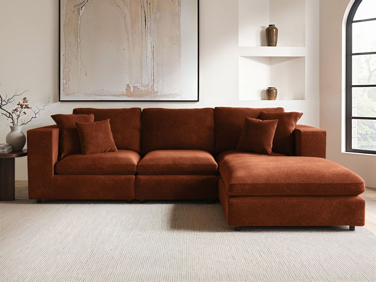 SOLACE+CO Asher 4 Seater Sofa with Reversible Footstool Burnt Orange Chenille