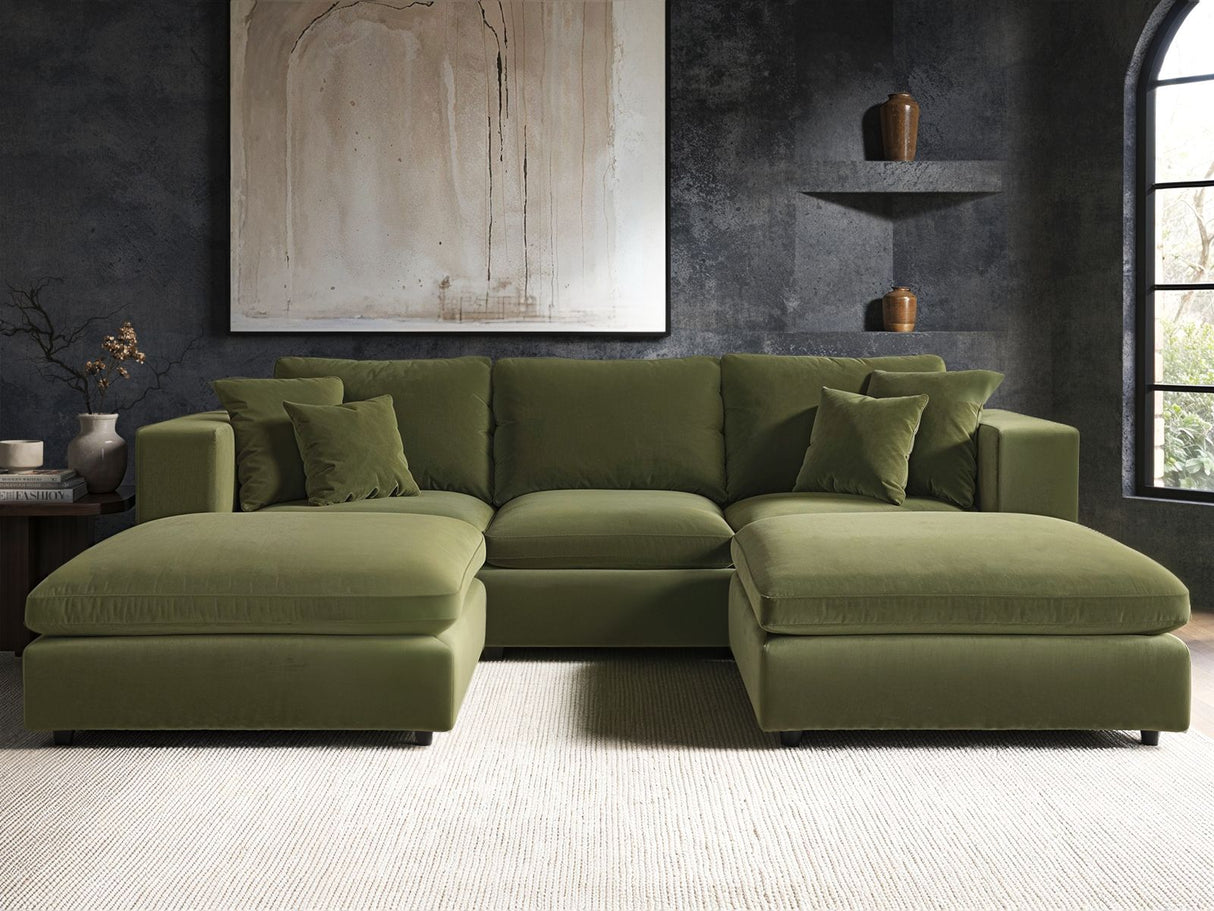 SOLACE+CO Asher U Shape Corner Sofa Bundle Khaki Green Velvet