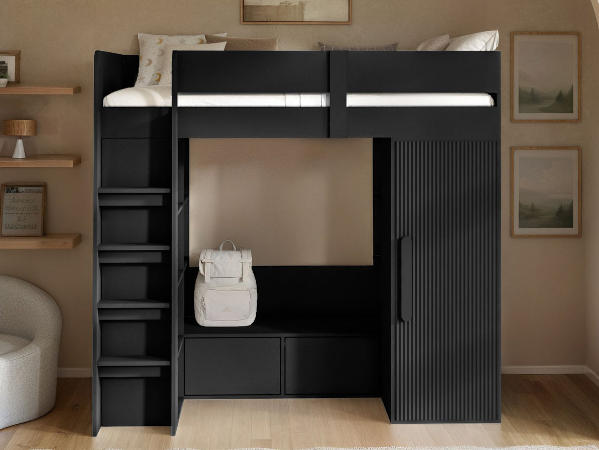 Flair Aspen Ribbed High Sleeper with Storage & Wardrobe Black